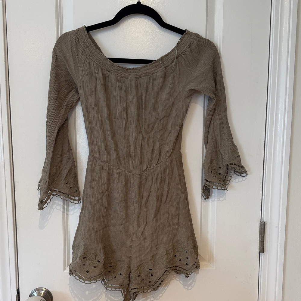 Astr the label Boho Eyelet Trim Romper in Taupe